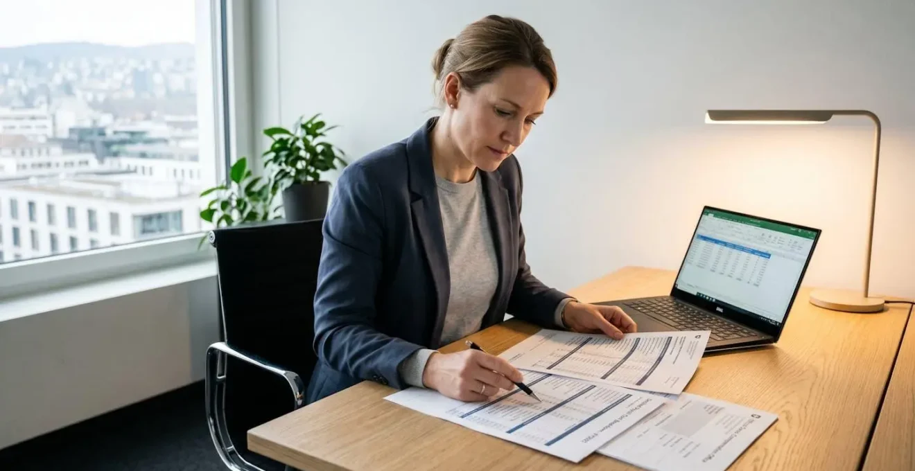 HR professional at contemporary Swiss office desk reviewing detailed English-language payroll cost breakdown documents showing AHV/IV/EO, BVG, and ALV contribution categories, with laptop displaying salary calculation spreadsheet and Zurich cityscape visible through window