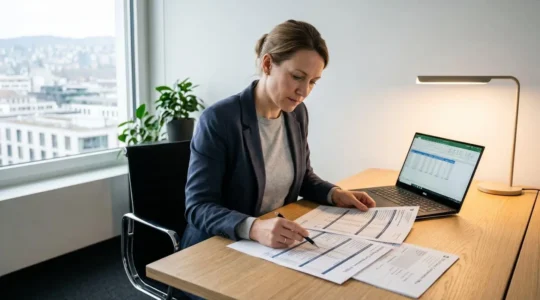 HR professional at contemporary Swiss office desk reviewing detailed English-language payroll cost breakdown documents showing AHV/IV/EO, BVG, and ALV contribution categories, with laptop displaying salary calculation spreadsheet and Zurich cityscape visible through window