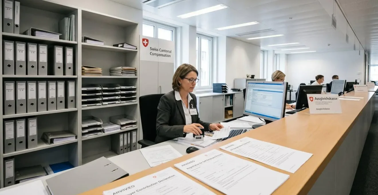 Administrative staff member at Swiss cantonal compensation office service desk processing official English-language AHV/IV/EO employer contribution forms, with organized filing system and computer database visible in clean institutional workspace
