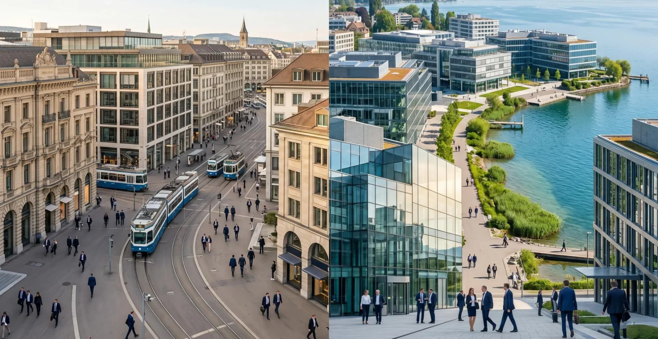 Wide panoramic view contrasting Zurich's Paradeplatz financial district with contemporary banking buildings and tram infrastructure on the left, flowing into Zug's modern glass-architecture corporate lakeside zone with Lake Zug waterfront visible on the right, representing distinct Swiss cantonal business environments